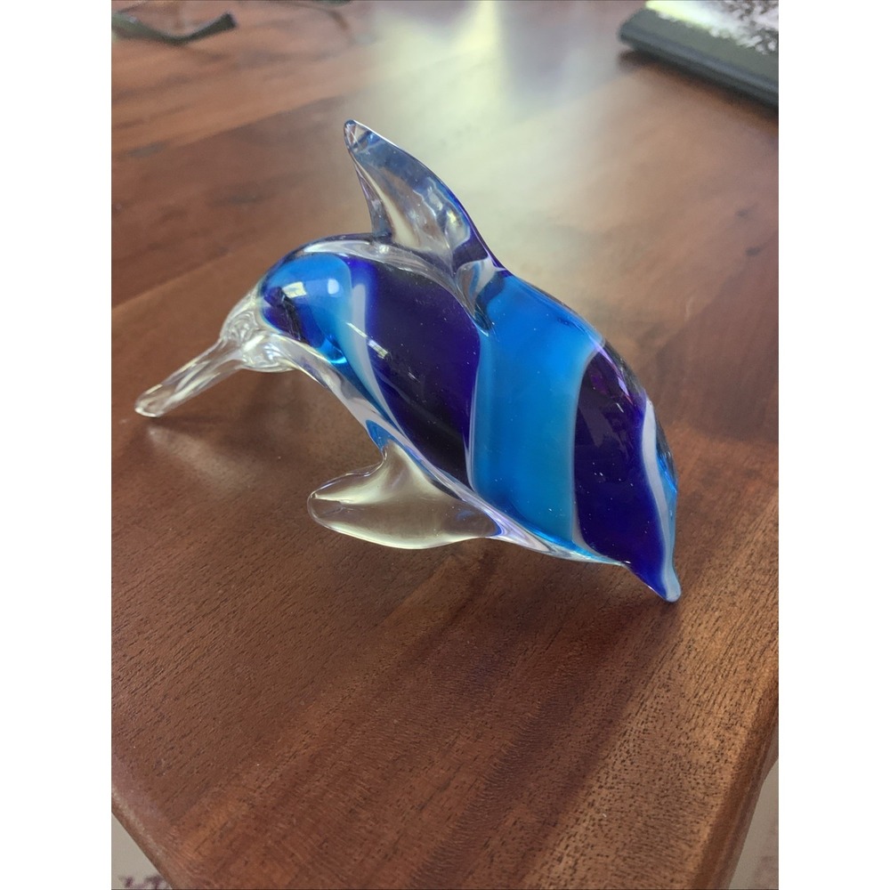 Glass Dolphin Figurine Paperweight  Ocean Nautical Sea Home Decor Beautiful Blue
